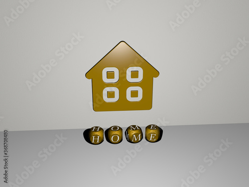 3D illustration of HOME graphics and text made by metallic dice letters for the related meanings of the concept and presentations. background and house photo