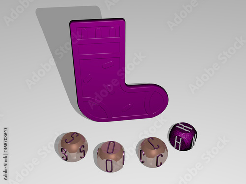 3D illustration of SOCK graphics and text around the icon made by metallic dice letters for the related meanings of the concept and presentations. christmas and background