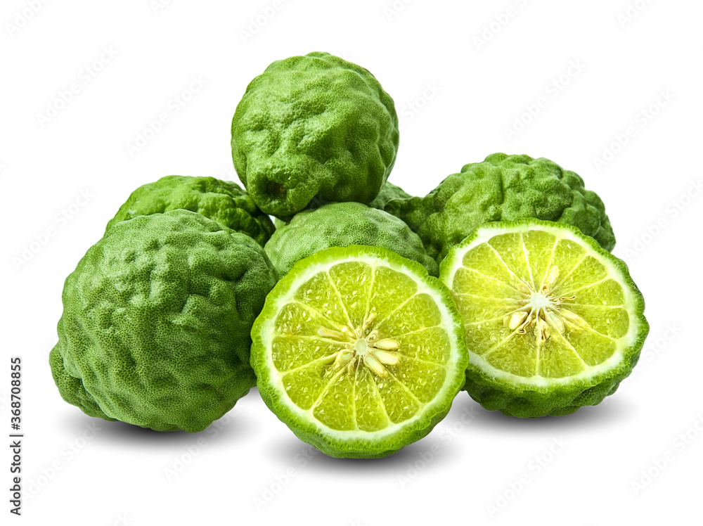 Fresh Bergamot fruits with cut in half and green leaf isolated on white background. Fresh Bergamot fruits with cut in half and green leaf isolated on white background.