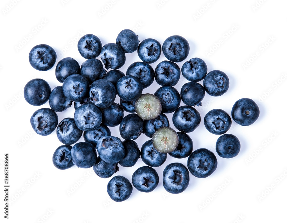 Top view of fresh blueberries isolated on white background. Top view of fresh blueberries isolated on white background.