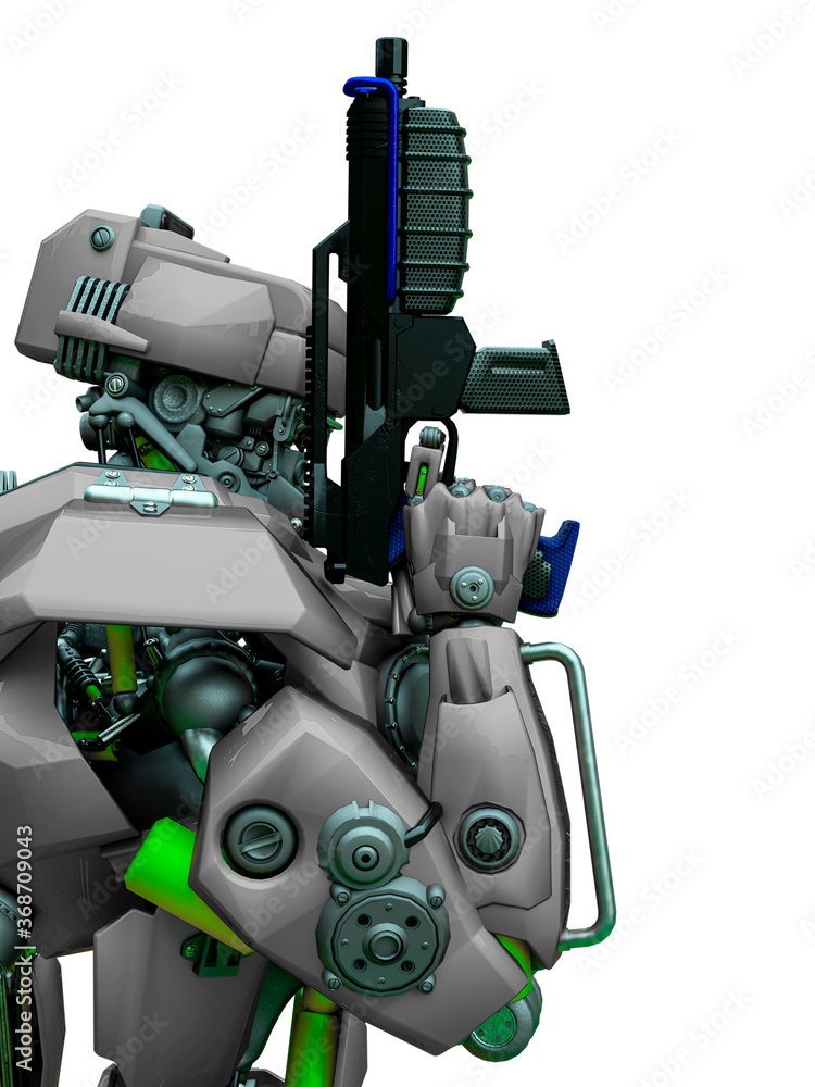 Naklejka premium mechanical soldier holding a gun close up