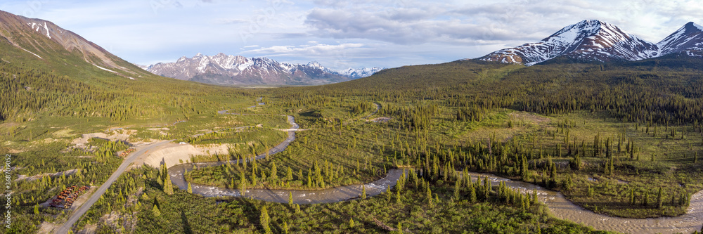 Panorama drone view of a wild, isolated Canadian landscape in northern Canada, Yukon Territory. 