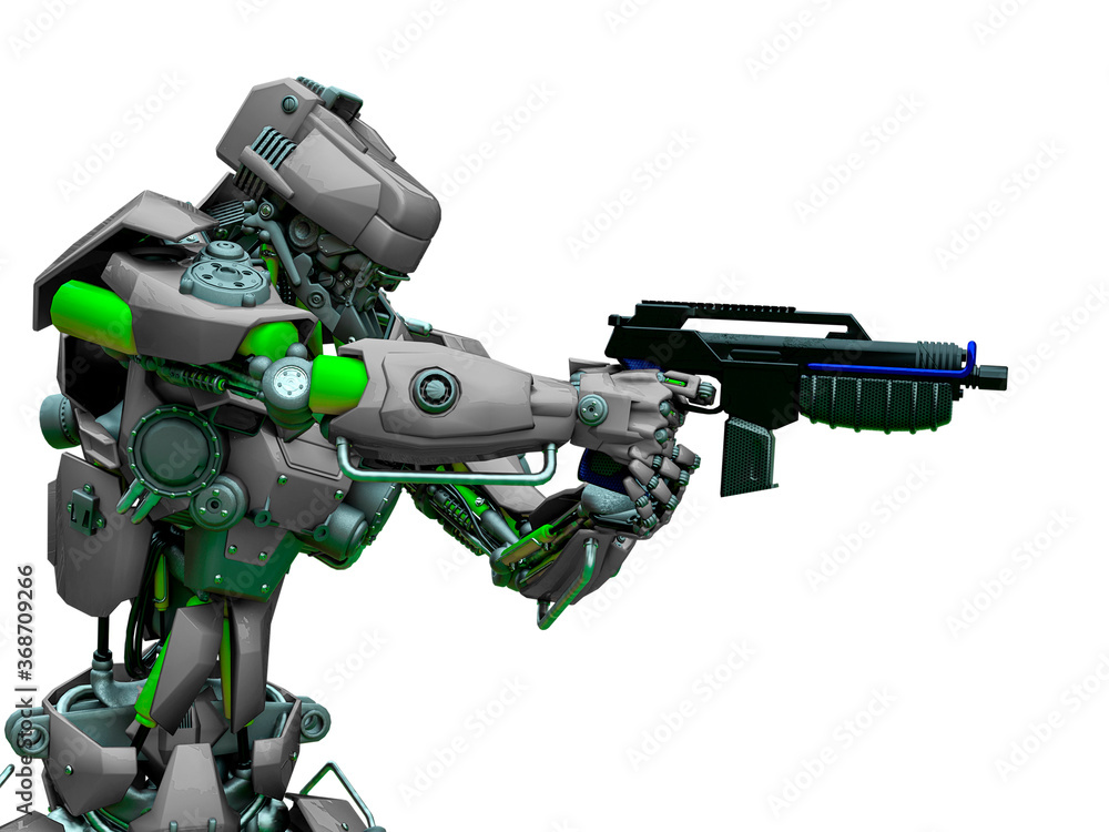 mechanical soldier aiming the pistol close up mechanical soldier aiming the pistol close up