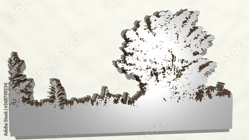 trees on the wall. 3D illustration of metallic sculpture over a white background with mild texture. beautiful and forest © Ali