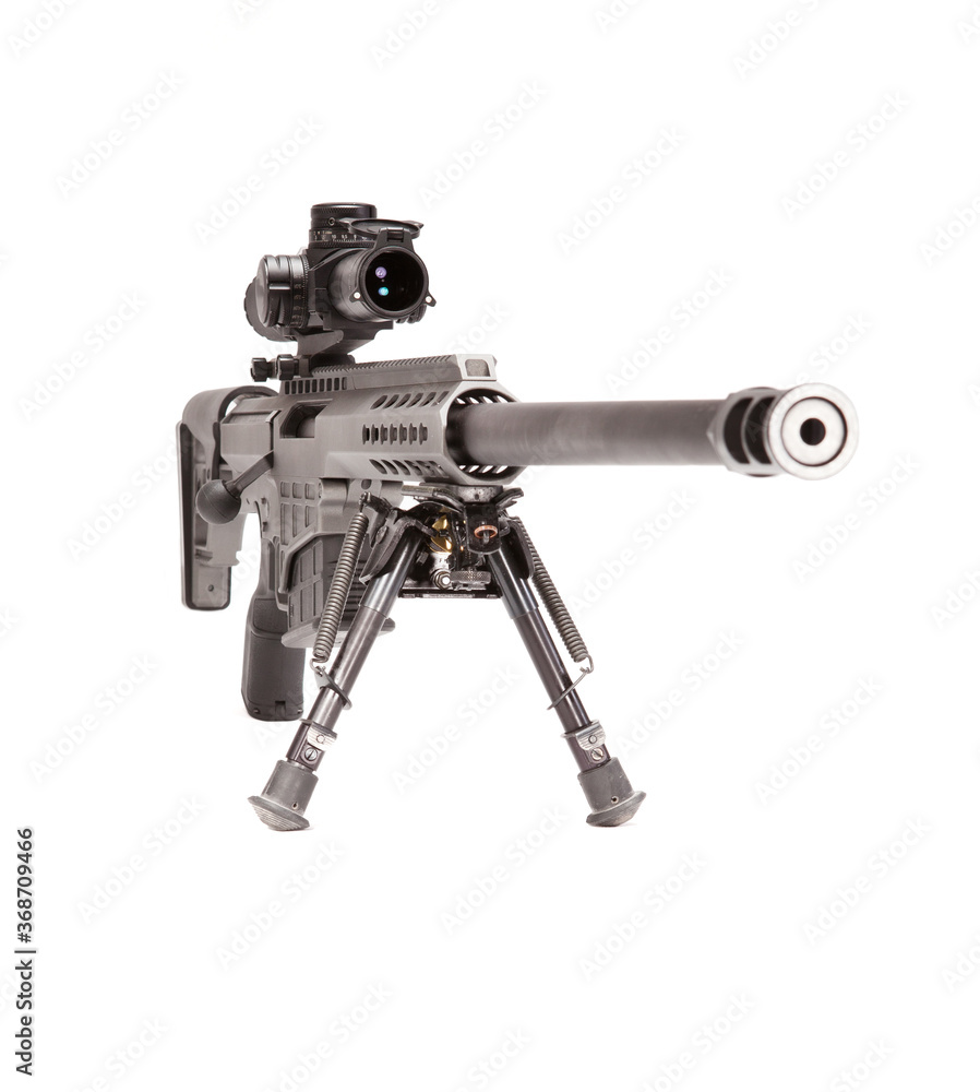 Front view of a Sniper rifle, shot in studio on a white background. Front view of a Sniper rifle, shot in studio on a white background.