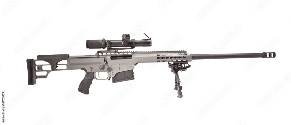 Studio pic of a grey sniper rifle facing to the right, shot on a white background.