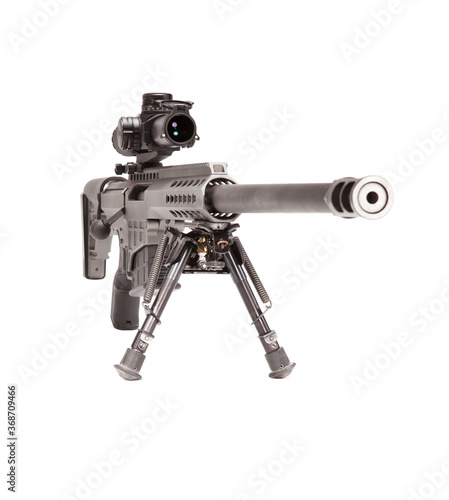 Front view of a Sniper rifle  shot in studio on a white background.