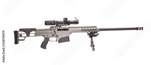 Studio pic of a grey sniper rifle facing to the right, shot on a white background.