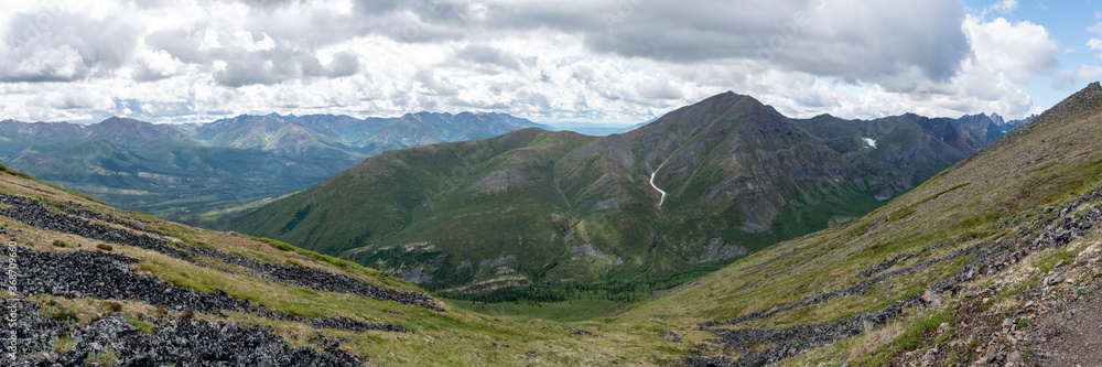 Panorama view of spectacular Tombstone Territorial Park located in Northern Canada, Yukon Territory during the summertime. 