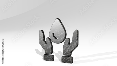 water protection drop hold casting shadow with two lights. 3D illustration of metallic sculpture over a white background with mild texture. blue and beautiful