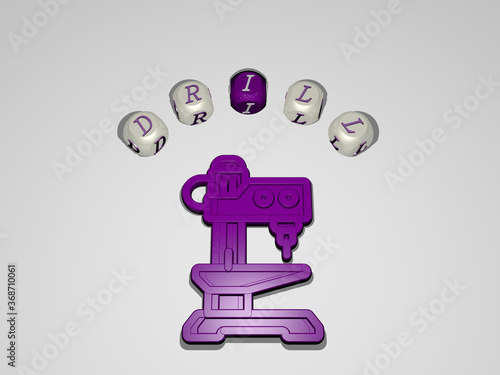 3D graphical image of DRILL vertically along with text built around the icon by metallic cubic letters from the top perspective, excellent for the concept presentation and slideshows. construction