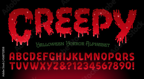 Vector Alphabet of Dripping Blood; Creepy Horror or Haunted House Font Lettering for Halloween.