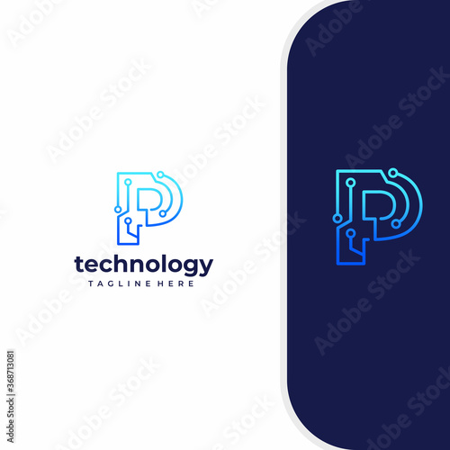 Letter P Technology, Line Dot Connection Logo