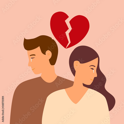 Broken heart concept vector illustration. Sad man and woman crying with red broken heart pieces.