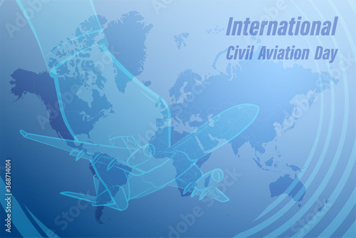 International Civil Aviation Day 7 December. Female hand holds a model airplane against the background of continents and continents of the earth. Template, layout of a festive banner
