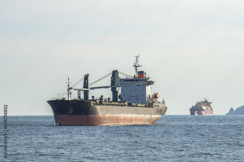 Old commercial cargo ship with heavy cranes anchors in the sea.