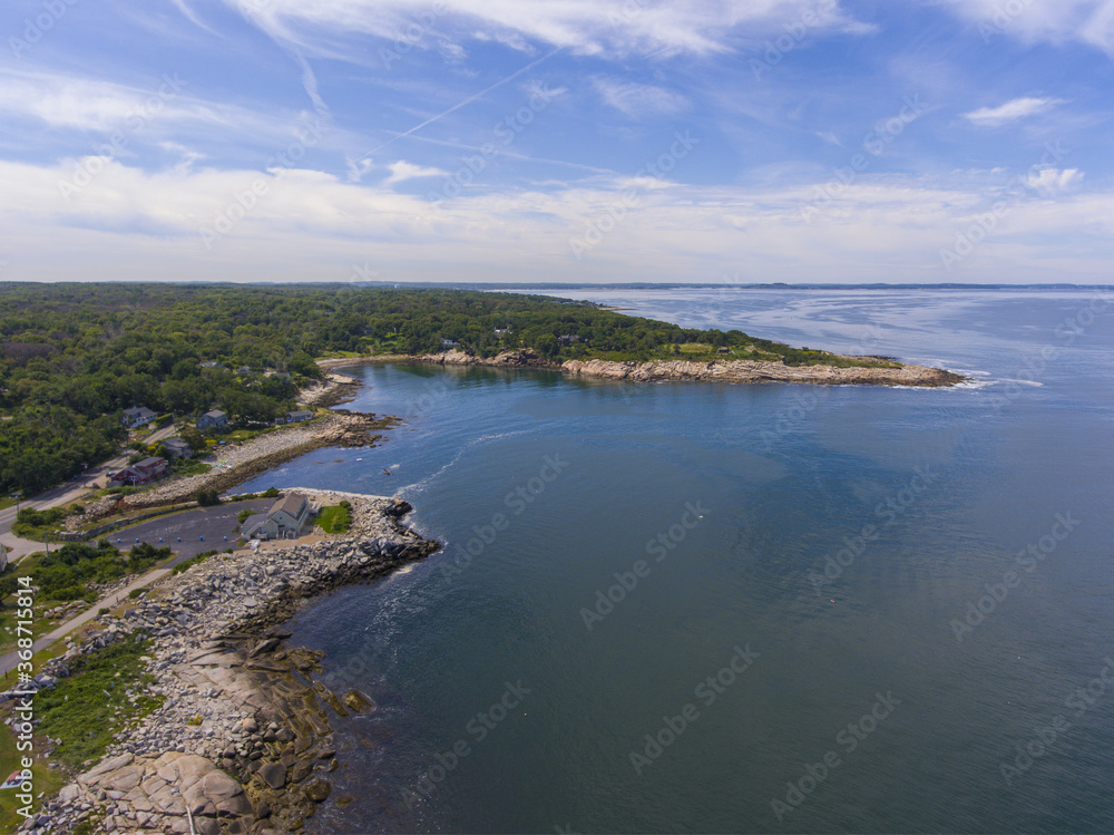 Halibut Point State Park and grainy quarry aerial view and the coast aerial view in town of Rockport, Massachusetts MA, USA.