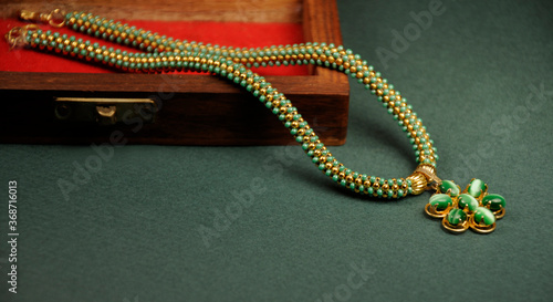 Green beads pendant necklace with wooden box, ,  Indian Traditional jewelry