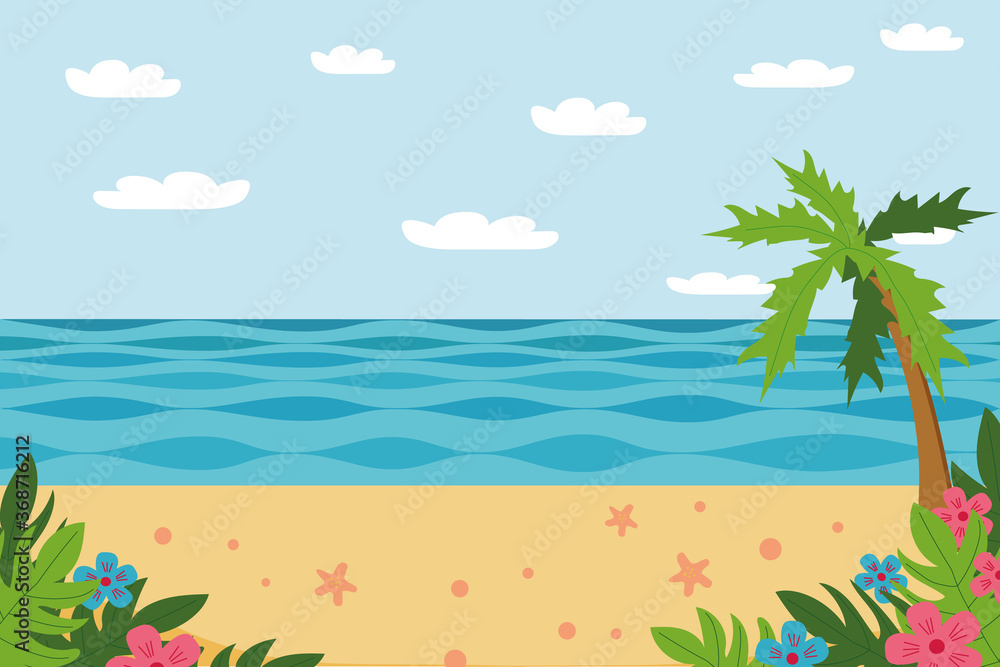 Sea, beach and palm summer landscape in vector flat style. banner background for design, vacation, trip. flowers, tropical leaves, starfish, place for text, copy space