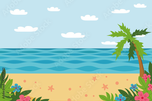 Sea  beach and palm summer landscape in vector flat style. banner background for design  vacation  trip. flowers  tropical leaves  starfish  place for text  copy space