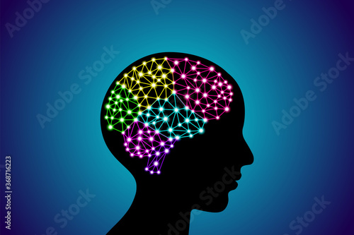 Wallpaper Mural 3d digital neuro multicolored colorful glowing particles lines and dots plexus structure human brain on adult people head black silhouette, stock vector illustration on blue gradient background Torontodigital.ca