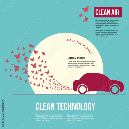 Red car. Exhaust gases in the form of a cloud of butterflies. Environmental protection concept. Poster