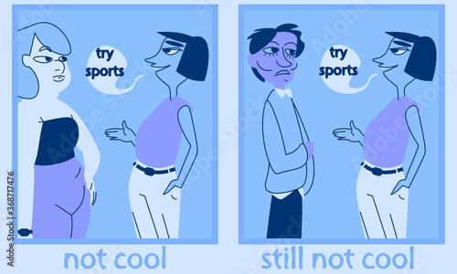 Comics about fat shaming in unasked advices with gender neutral characters in modern minimalistic cartoon style, horizontally oriented. Response to fat shaming in Healthy At Every Size approach.