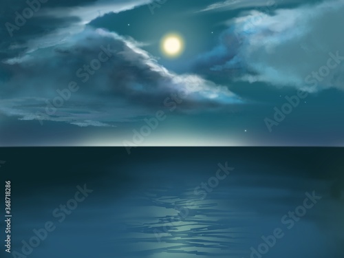 Fototapeta Naklejka Na Ścianę i Meble -  shinng yellow moon reflected on calm ocean