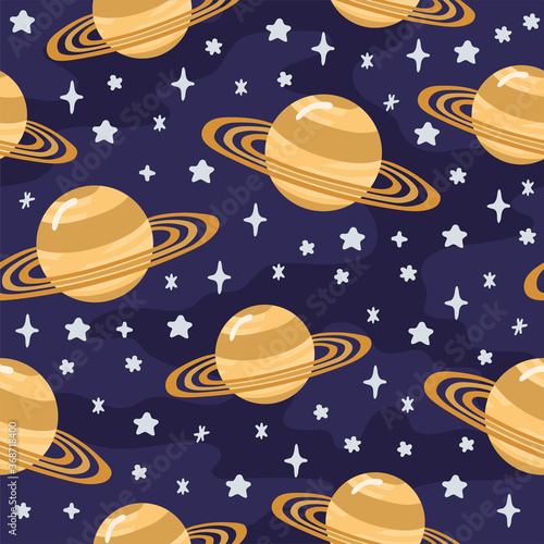 Space children s seamless pattern with planets  rocket in cartoon style. Cute texture for kids room design  Wallpaper  textiles  wrapping paper  apparel. Vector illustration