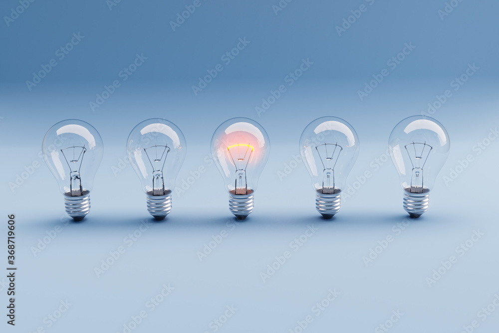Five 3D illustration bulbs and one of them is shining. Five 3D illustration bulbs and one of them is shining.