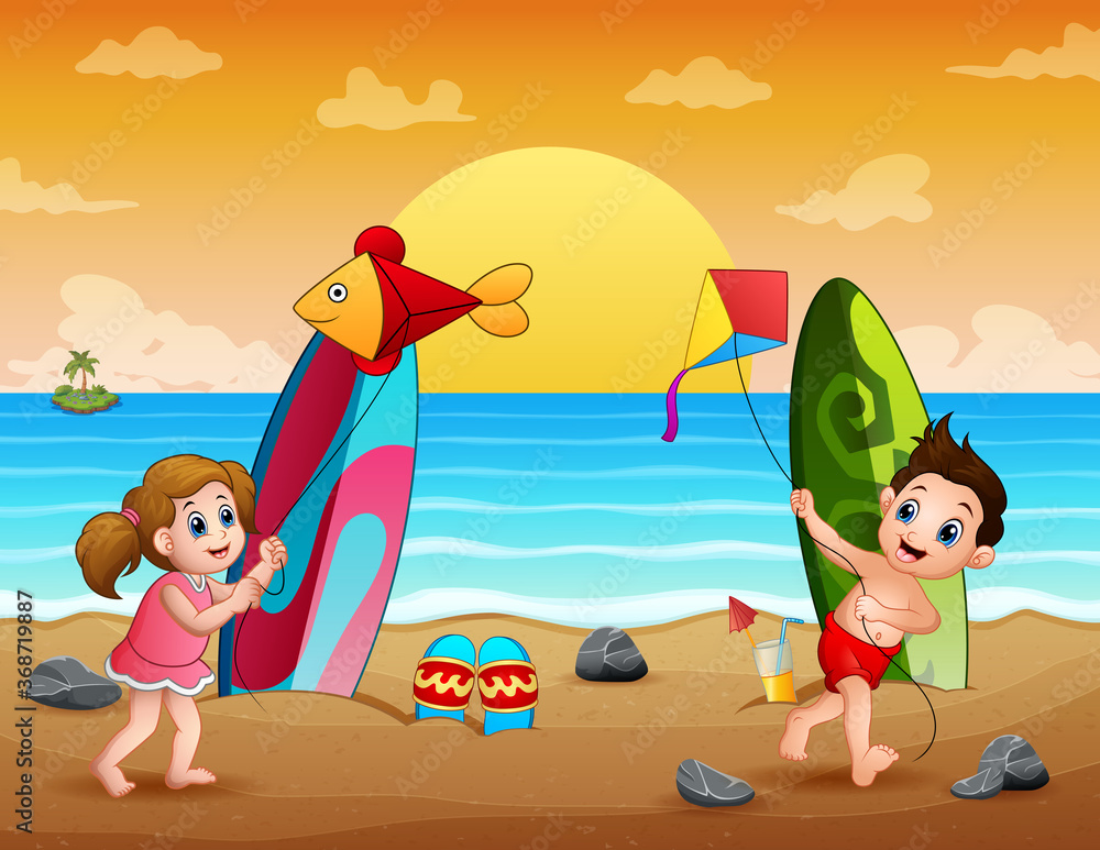 Happy kids playing kite on the beach illustration