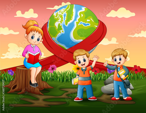 Happy world day with teacher teaching a student