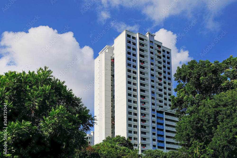 Shot of typical common high rise building of public housing HDB flats in Singapore, point block architecture, against blue sky with clouds. Lush foliage in foreground