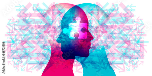 A female and male side silhouette positioned face to face overlaid with various semi-transparent pointing arrows. A white semi-transparent jigsaw piece is placed centred across the 2 side profiles.