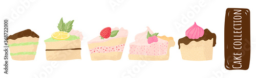 Cake vector chocolate confectionery cupcake and sweet confection dessert with whipped cream, berries and fruits. Vector illustration  set flat cartoons design, isolated on white background.