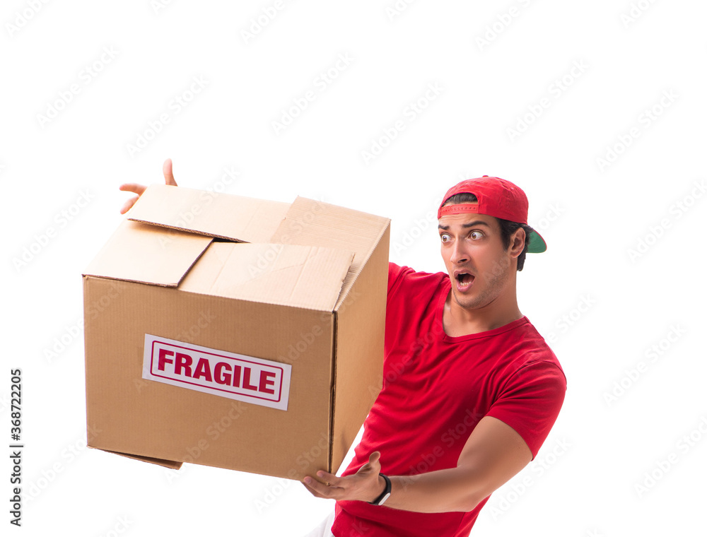 Handsome contractor holding fragile box isolated on white Handsome contractor holding fragile box isolated on white