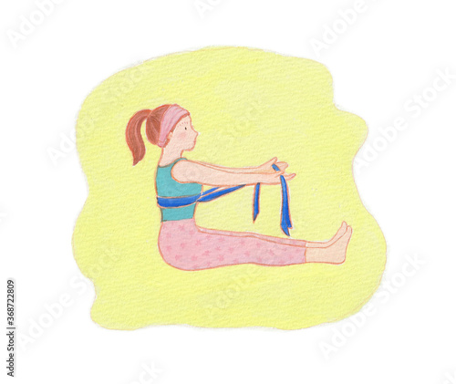 A woman doing home exercise with resistance band. Pilates exercise. Hand drawn by acrylic paint. photo