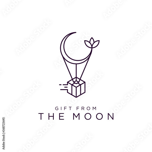 Crescent Moon, gift box, and plant leaves or flower leaf, with beauty simple line art logo design 
