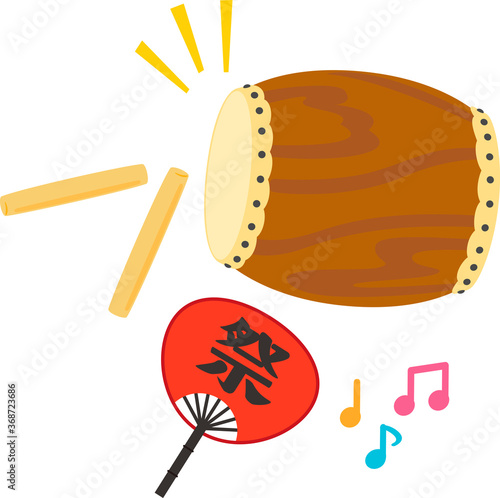 お祭りの太鼓と団扇のイラストセット