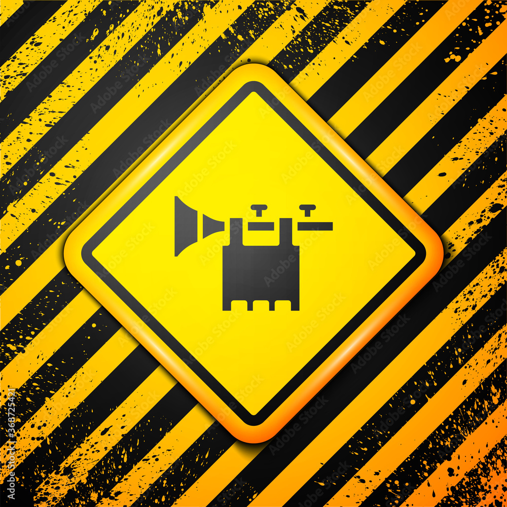 Black Trumpet with flag icon isolated on yellow background. Musical instrument trumpet. Warning sign. Vector. Black Trumpet with flag icon isolated on yellow background. Musical instrument trumpet. Warning sign. Vector.