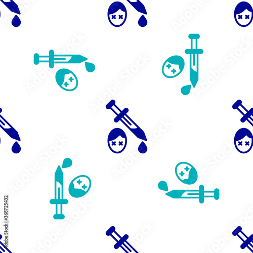 Blue Sword with blood icon isolated seamless pattern on white background. Medieval weapons knight and soldier. Symbol of murder. Vector.