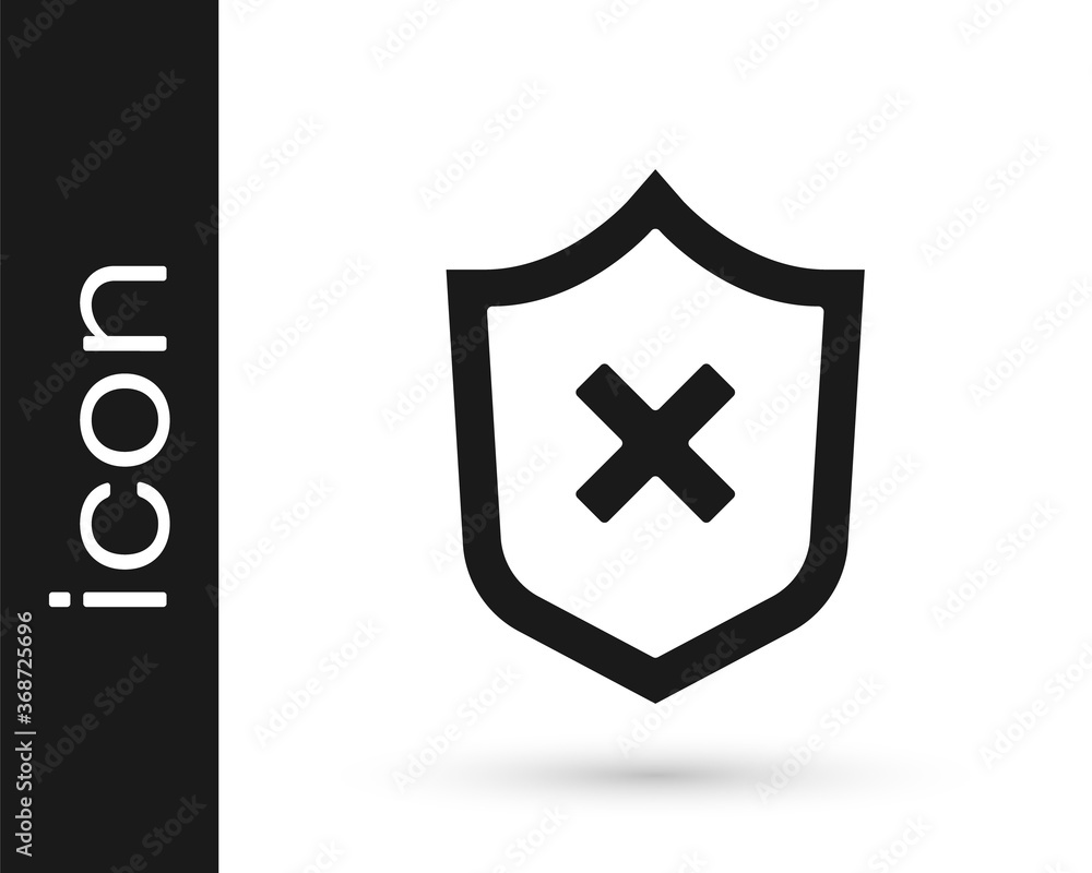 Obraz premium Black Shield with cross mark icon isolated on white background. Shield and rejected. Notice of refusal. Vector.