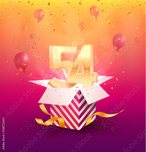 54th years anniversary vector design element. Isolated Fifty-four years jubilee with gift box, balloons and confetti on a colorful background.