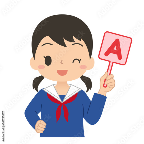 英語のAの札を持った女子学生　イラスト