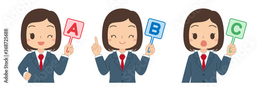 ABCの英語の札を持った女子学生　A　B　C　イラスト