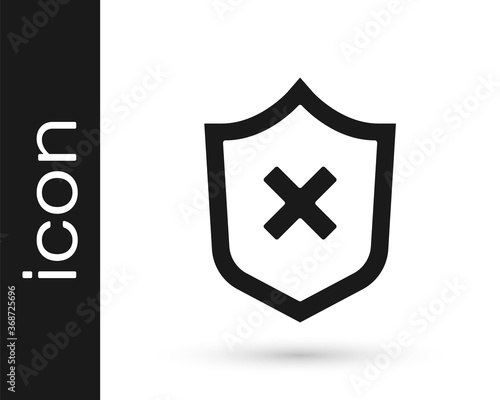 Black Shield with cross mark icon isolated on white background. Shield and rejected. Notice of refusal. Vector.