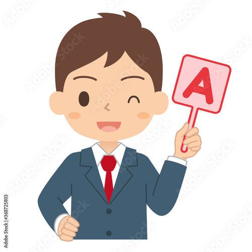 英語のAの札を持った男子学生　イラスト