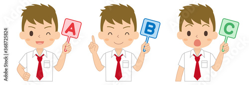 ABCの英語の札を持った男子学生　A　B　C　イラスト