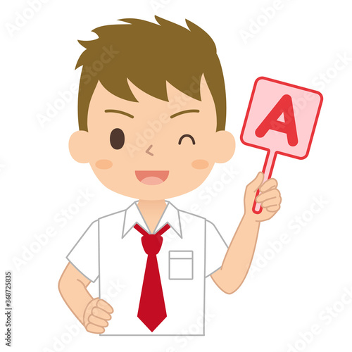 英語のAの札を持った男子学生　イラスト