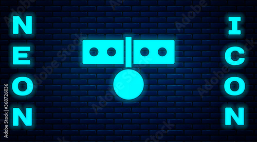 Glowing neon Collar with name tag icon isolated on brick wall background. Simple supplies for domestic animal. Cat and dog care. Pet chains. Vector.